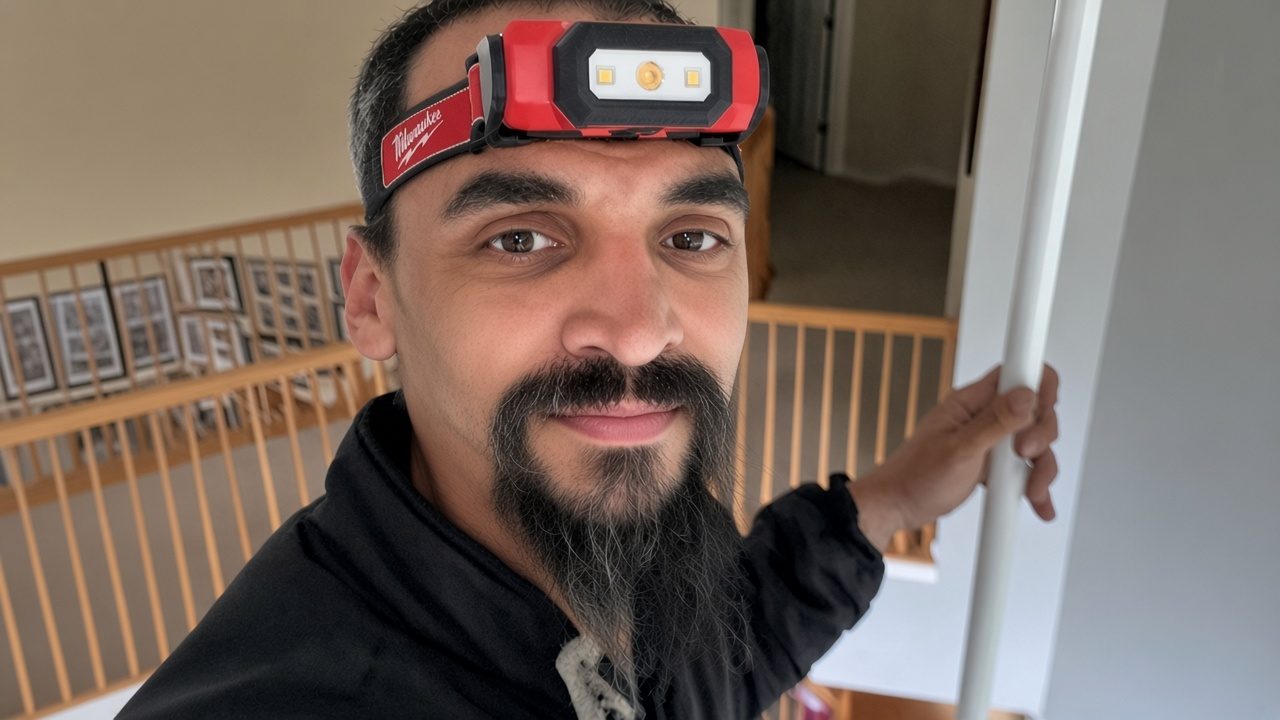 Gabriel smiling during a ceiling fan installation