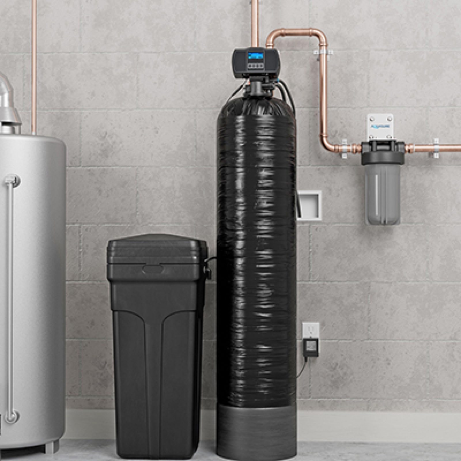 Water softener, brine tank and whole-house filter installed beside the water heater by Gabriel, Your Job Done Now